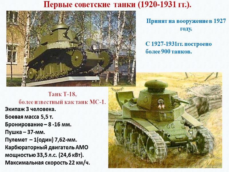 Танк Т-18,  более известный как танк МС-1.  Экипаж 3 человека.  Боевая